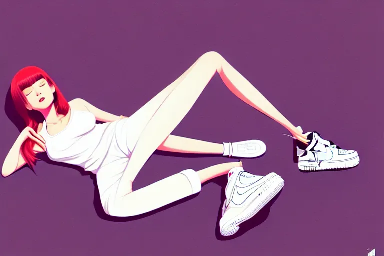 Image similar to a ultradetailed beautiful painting of a stylish woman laying on the ground, she is wearing nike air force 1 sneakers, by ilya kuvshinov, trending on artstation