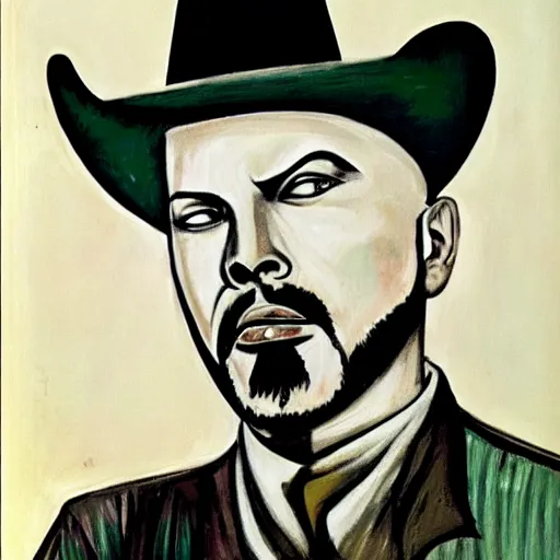 Prompt: anton lavey wearing a cowboy hat painted in the style of picasso