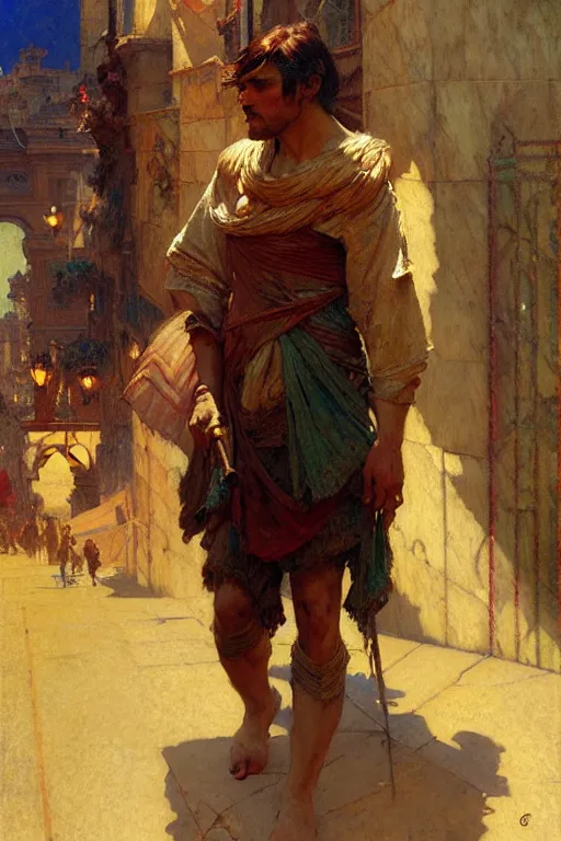 Image similar to attractive man, rome, cool colors, painting by gaston bussiere, craig mullins, greg rutkowski, alphonse mucha