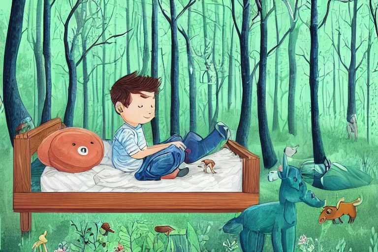 Image similar to a beautiful illustration of a little cute boy on his bed dreaming about a beautiful green forest with lots of different animals, detailed face, beautiful colors, digital art