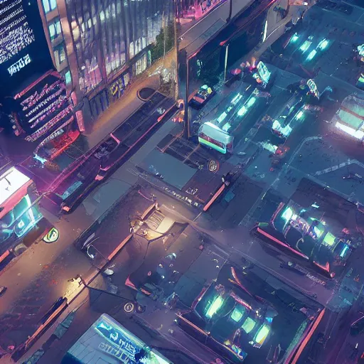 Image similar to eagle-eye view of street. Cyberpunk futurepunk advanced civilisation.