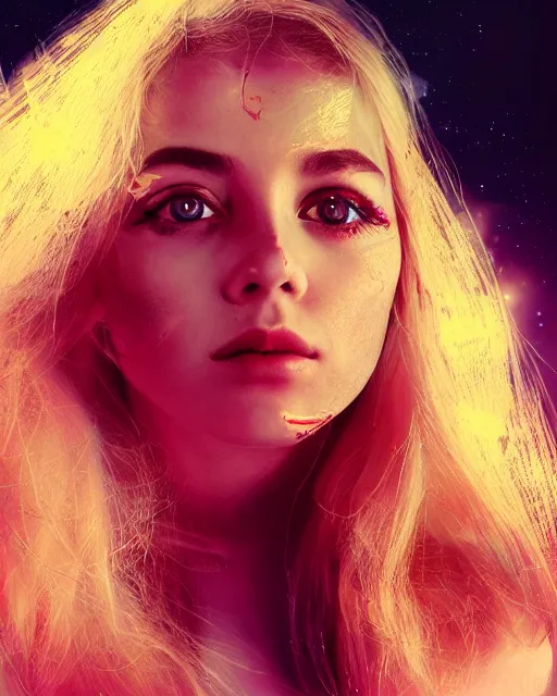 Image similar to a gorgeous young woman in dead space, with wild blonde hair and haunted eyes, 1 9 7 0 s, space station, neon light showing injuries, delicate ex embellishments, painterly, offset printing technique