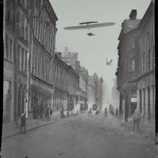 Prompt: grainy 1800s photo of a city street with flying machines above