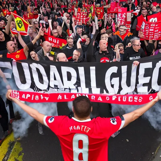 Image similar to protests at old trafford theatre of dreams against the glazers, # glazersout, stadium, chaos, protest, banners, placards, burning, owners of manchester united football club, pure evil, 8 k, wide angle lens, 1 6 - 3 5 mm, symmetry, cinematic lighting - w 1 0 2 4