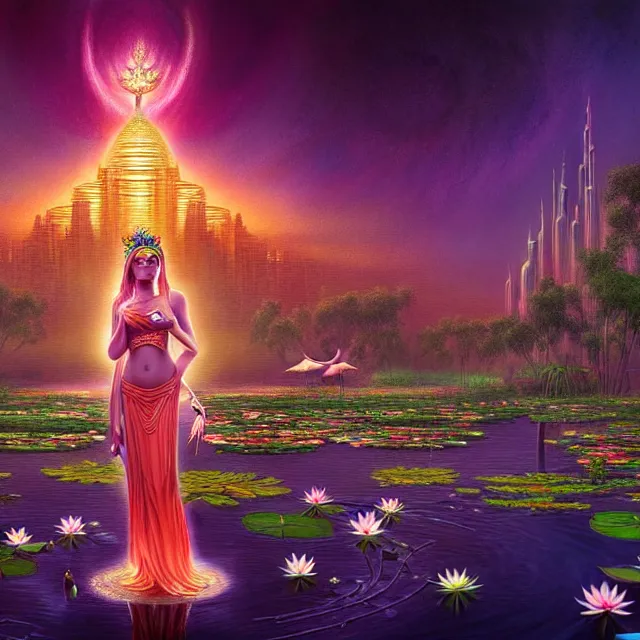 Image similar to Beautiful 3d render of the flower queen goddess near a pond full of lotus, atmospheric lighting, painted, intricate, volumetric lighting, beautiful, rich deep colours masterpiece, sharp focus, ultra detailed, in the art style of Dan Mumford and marc simonetti, with a clear crowded futuristic cyberpunk dubai city in the background, astrophotography