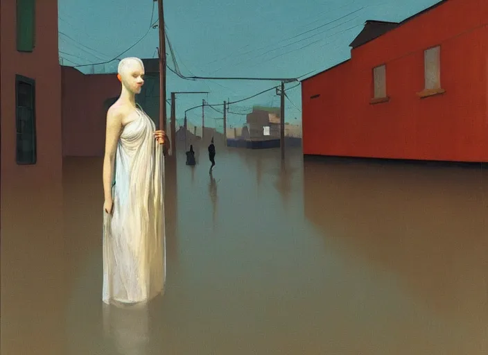 Image similar to woman with mohawk dressed in transparent plastic bags, on flooded street Edward Hopper and James Gilleard, Zdzislaw Beksinski, highly detailed