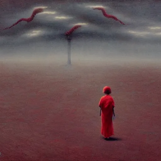 Image similar to grandmother from anime is walking on the pavement and is attacked by big red dragon, big red wings, before the storm, distant lightings in the clouds, beksinski style