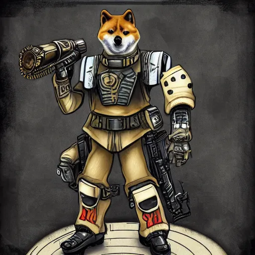 Image similar to anthropomorphic shiba inu, wearing tactical military exoskeleton, sci - fi, warhammer 4 0 k style, post apocalyptic background