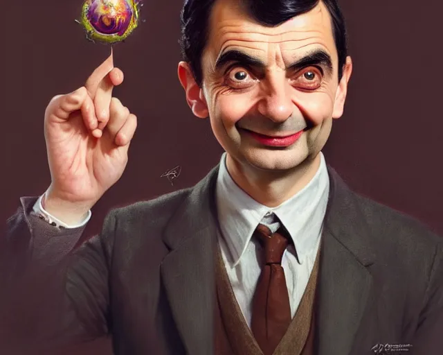 Image similar to a young mr bean looking very happy, photography of kurzgesagt, deep focus, d & d, fantasy, intricate, elegant, highly detailed, digital painting, artstation, concept art, matte, sharp focus, illustration, hearthstone, art by artgerm and greg rutkowski and alphonse mucha