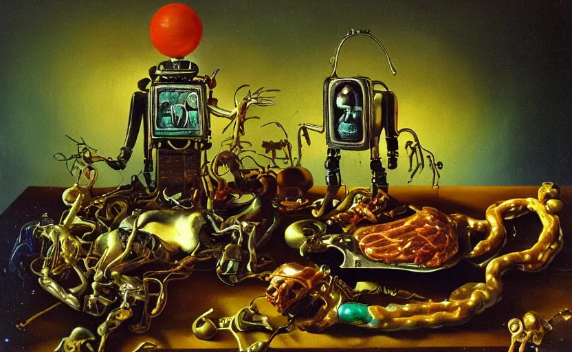 Image similar to strange robot body, disturbing colorful oil painting dutch golden age vanitas still life sparse composition with bizarre objects strange gooey transparent surfaces shiny metal reflections bizarre mutant meat insects rachel ruysch dali todd schorr very detailed perfect composition rule of thirds masterpiece canon 5 0 mm, cinematic lighting, photography, retro, film, kodachrome