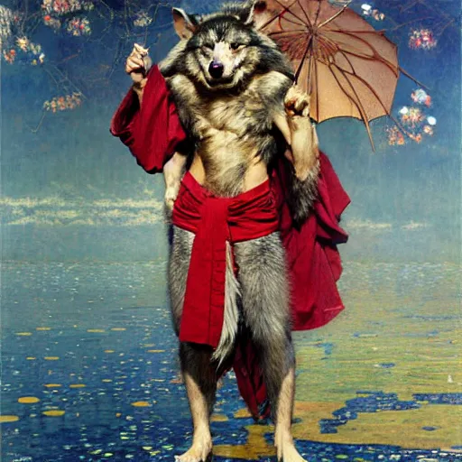 Image similar to a male ninja ratwolfman rat wolf man in a red kimono furry arms furry body. furaffinity furry art detailed face painting by gaston bussiere craig mullins jc leyendecker gustav klimt artgerm greg rutkowski furry