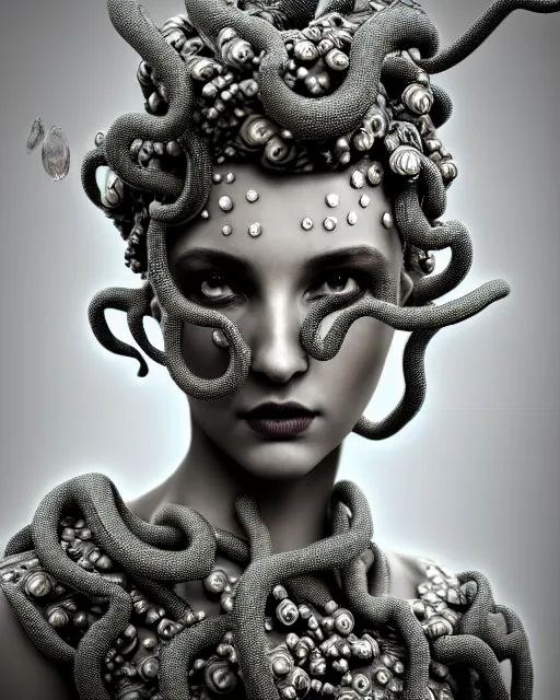 Image similar to surreal mythical dreamy artistic black and white fine art photo of a beautiful young female queen - medusa - cyborg covered with metal fish scales and translucent algae, highly detailed, intricate crystal ivy jelly fish scales ornate, poetic, octane render, 8 k, photo - realistic