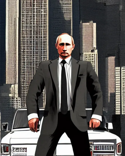 Image similar to a full body shot of vladimir putin in gta 4, gta 4 loading screen artwork, highly detailed, trending on artstationhq