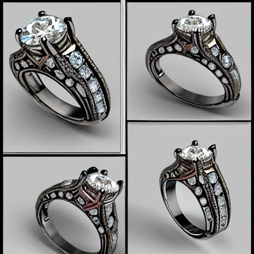 Image similar to photo of engagement ring with two diamonds outside and one in the middle, realistic, hyper detailed, concept art, victorian, multiple angles