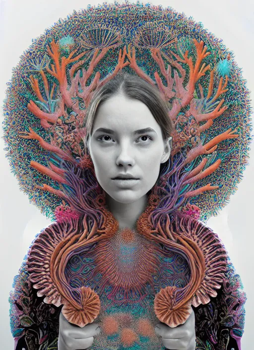 Prompt: ridiculously beautiful young woman thinking, psychedelics, nature, coral, birds, symmetrical, in the style of ernst haeckel, effervescent, sacred geometry, warm, surrealism, photo realistic, epic and cinematic,