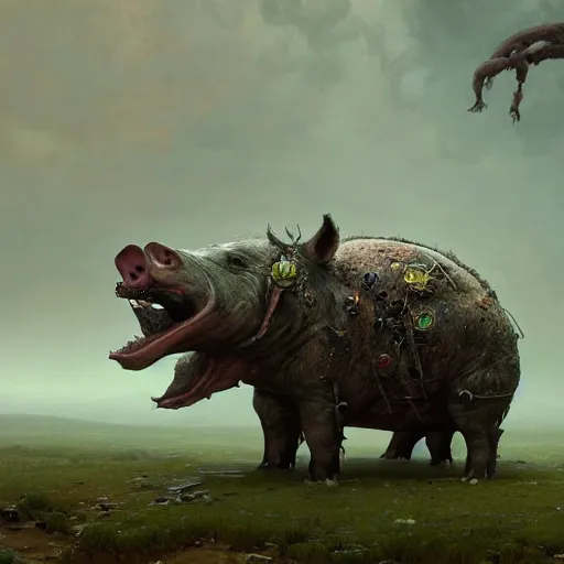 Image similar to A giant pig-monster made of grotesque things in Elden Ring, fullbody, intricate, demonic, video game art, highly detailed, artstation, green field with village ruins, concept art, smooth, sharp focus, illustration, art by greg rutkowski and orientalism and bouguereau and Zdzislaw Beksinski, good clear quality, lighting, biology, symmetrical artwork, perfect face, 135 mm, cinematic, hyper realism, high detail, octane render, 8k, chrome accents