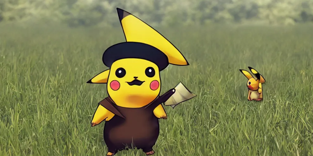 Prompt: hyper realistic Pikachu wearing a top hat and monocle in a beautiful field on a sunny day