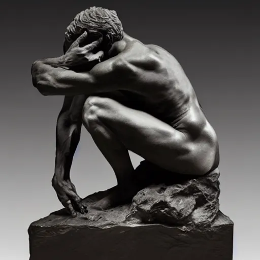 Prompt: the sculpture of Thinker, side view, by Rodin, very details with strong lighting