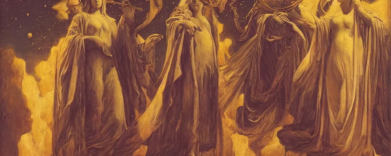 Image similar to saint woman, venus, athena, queen, by annie swynnerton and nicholas roerich and jean delville, strong dramatic cinematic lighting, ornate headdress, flowing robes, lost civilizations, smooth, sharp focus, extremely detailed, marble, stars, gold, space