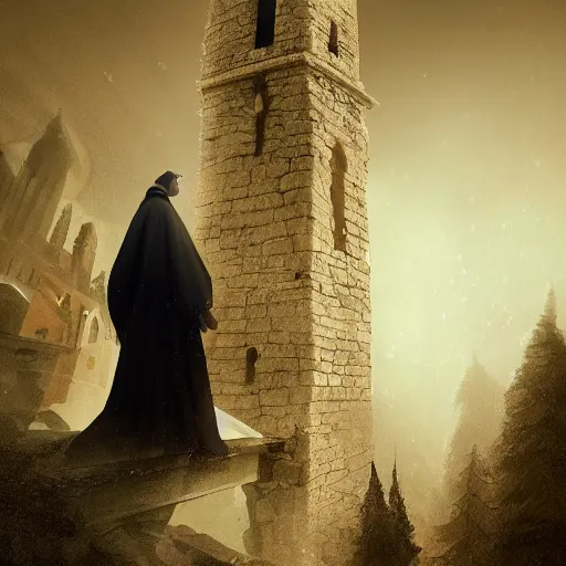 Prompt: A terrified catholic priest in his twenties kneeled in fervent prayer at the summit of a medieval tower. Looking up with eyes wide open with fear, looking straight at the viewer. Dressed in white. An ominous yellow shadow is descending upon him from the night sky. Award-winning digital art, trending on ArtStation