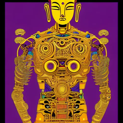 Image similar to vector line art cyberpunk cyborg tibetan multi armed bodhisattva, golden ratio, sharp linework, clean strokes, sharp edges, flat colors, cell shaded by moebius, Jean Giraud, trending on artstation