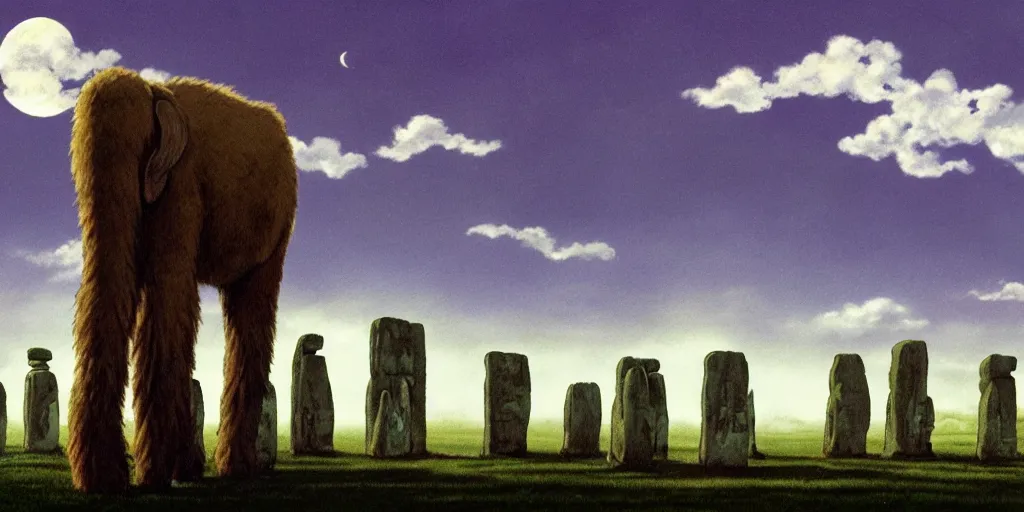 Image similar to a realistic cell - shaded studio ghibli concept art from paprika ( 2 0 0 6 ) of a giant wooly mammoth in a flooded stonehenge easter island on a misty starry night. very dull colors, wide shot, hd, 4 k, hq