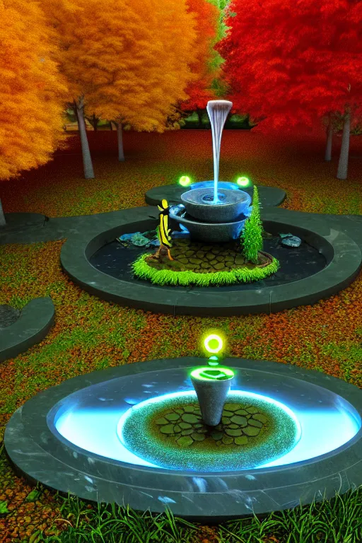 Prompt: futuristic garden glowing in autumn, marble fountains, small waterfalls, ecosystem, electronic bumblebees, 1 9 8 0 s science fiction, 1 9 7 0 s science fiction, alien 1 9 7 9, cyberpunk, 3 d oil painting, depth perception, 4 k, artstation