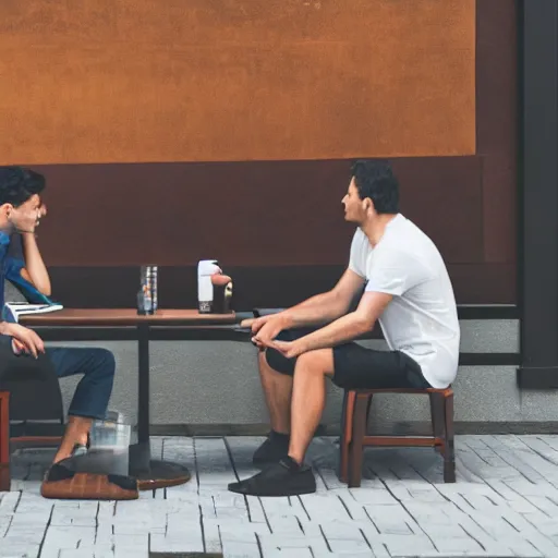 Prompt: a man sitting outside a restaurant with his tv, friend is angry,