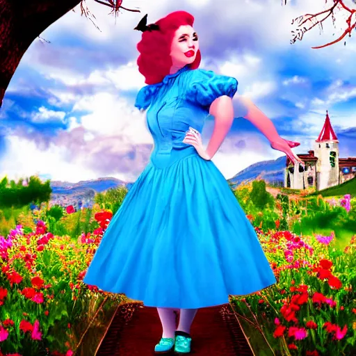 Image similar to giant alice in wonderland, pin up, houses, trees, mountains, woman, city, digital art, photo, blue dress, photoshop, flowers, colorful