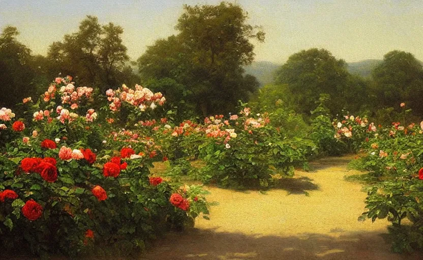 Image similar to a painting of a rose garden, hudson river school