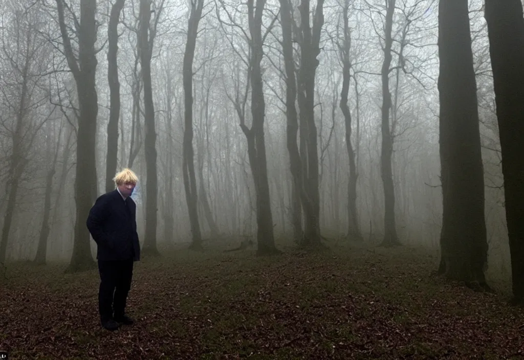 Prompt: low quality iphone photo of boris johnson standing ominously deep in the foggy woods with a demonic smile in his face, low visibility creepy, grainy, trail cam footage