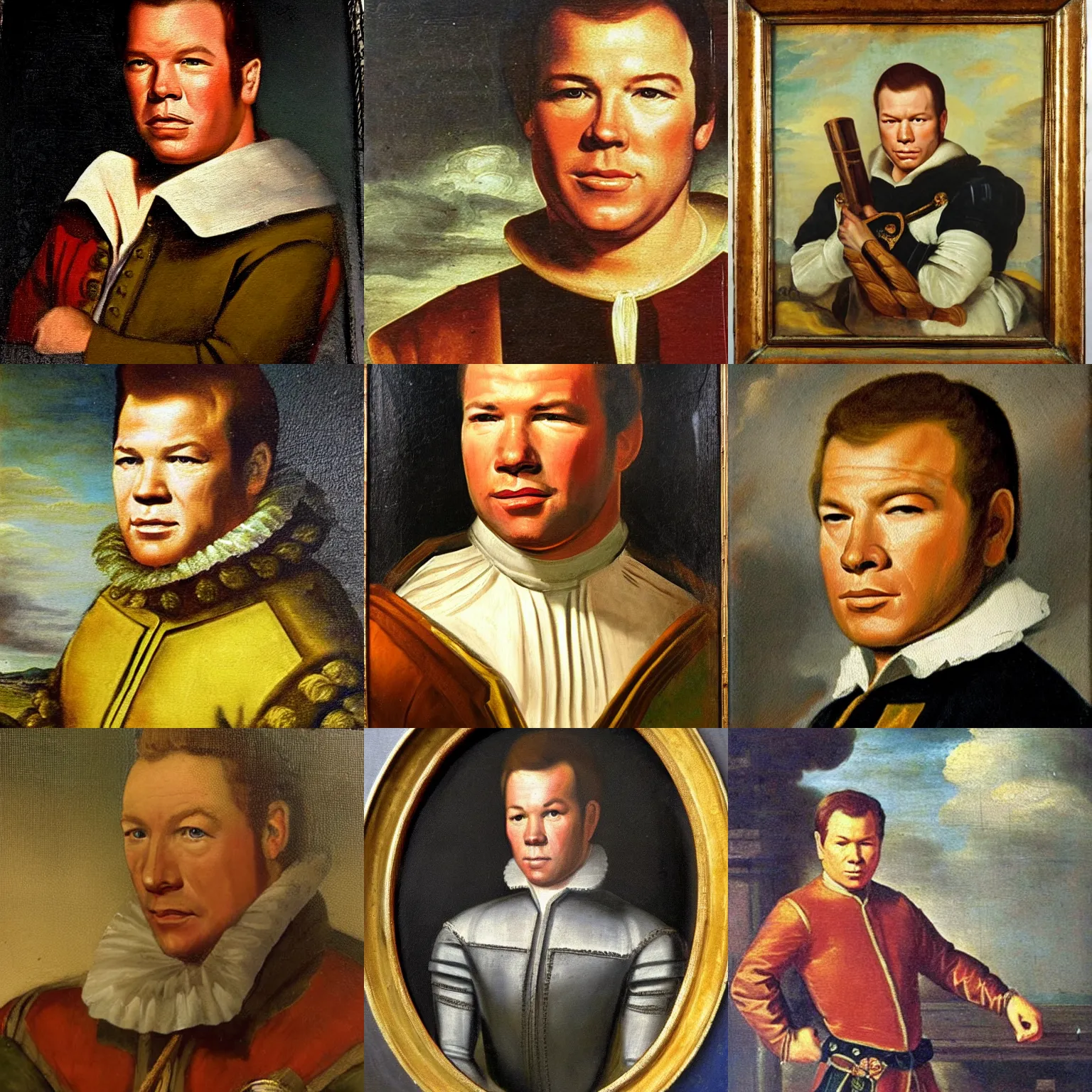 Prompt: a 17th century oil painting with a young william shatner as james t. kirk