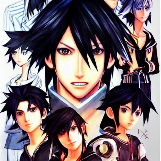 Image similar to a black haired boy with brown eyes. kingdom hearts concept art. Final fantasy Square enix. Tetsuya Nomura. By Shigenori Soejima. Geoffroy Thoorens