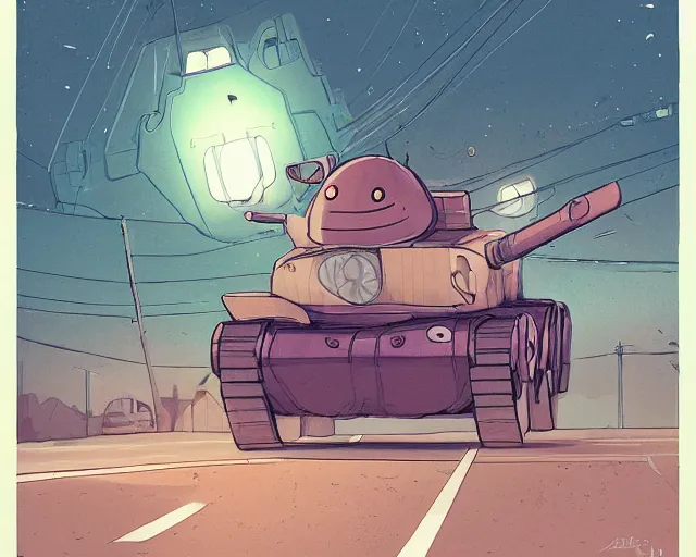 Prompt: a study of cell shaded cartoon of a chibi alien driving a tank on a country road, street lamps, road, illustration, wide shot, subtle colors, post grunge, concept art by josan gonzales and wlop, by james jean, victo ngai, highly detailed, sharp focus, trending on artstation, hq, deviantart, art by artgem