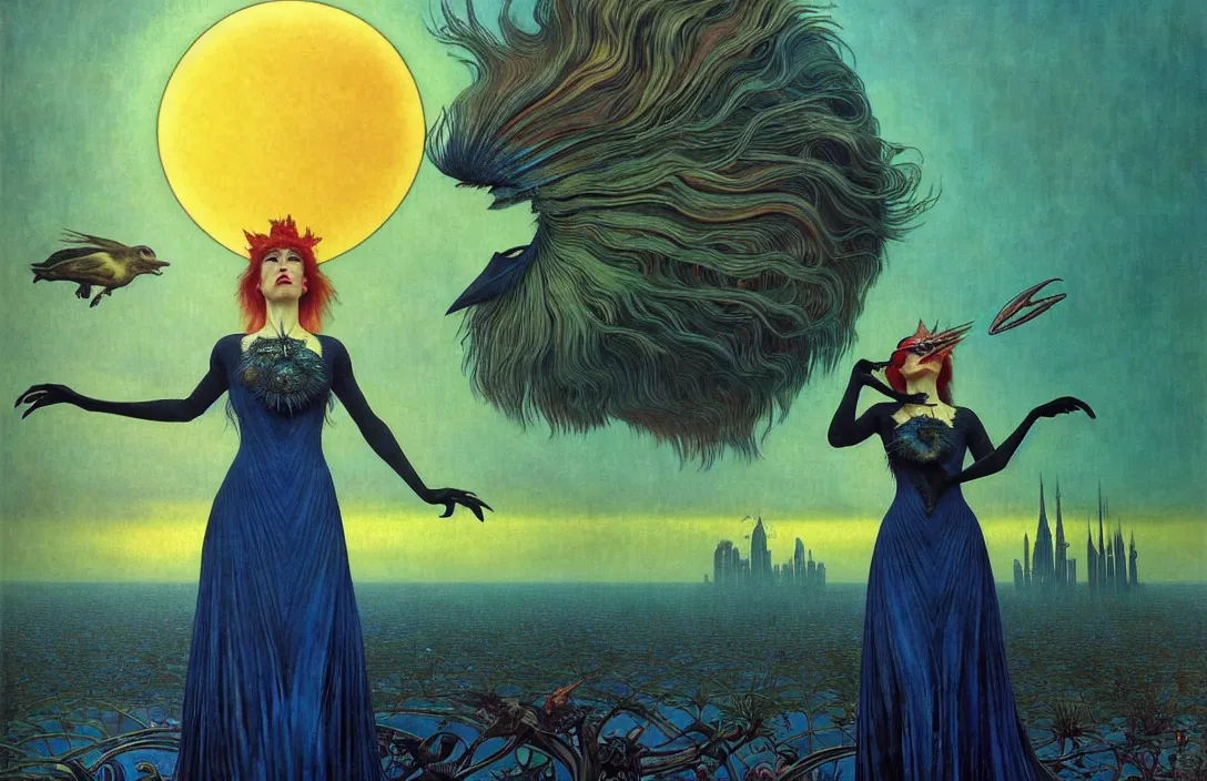 Image similar to realistic detailed portrait movie shot of a birdgirl wearing a dark dress, sci fi city landscape background by denis villeneuve, amano, yves tanguy, alphonse mucha, ernst haeckel, max ernst, roger dean, masterpiece, rich moody colours, dog teeth, blue eyes, sunset