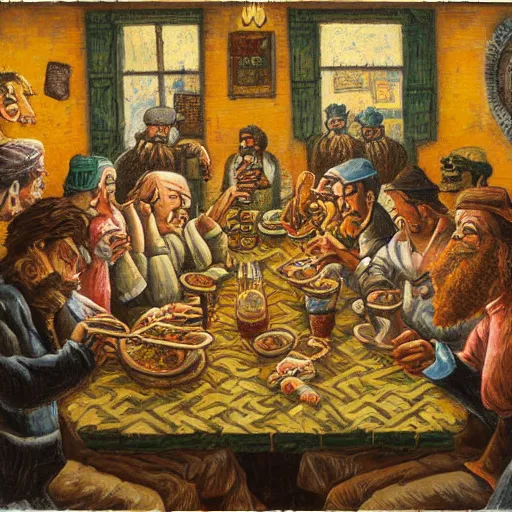 Image similar to monumental, chaotic by mark briscoe. a beautiful street art of a group of people gathered around a table in a tavern. they are all eating & drinking, & appear to be enjoying themselves.