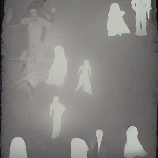 Image similar to a chaotic collage of scanned old photographs swith people, ghostly silhouettes, strange poses, taken with soviet vintage flash camera, dark smudgy ghostly mystic foggy grainy gritty grunge torn paper texture