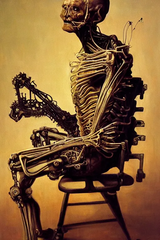 Prompt: beautiful oil painting of biomechanical man sitting on a chair connected to the machine by wayne barlowe, rembrandt, complex, stunning, realistic skin color, 4 k, high res, awardwinning, masterpiece, realistic lighting