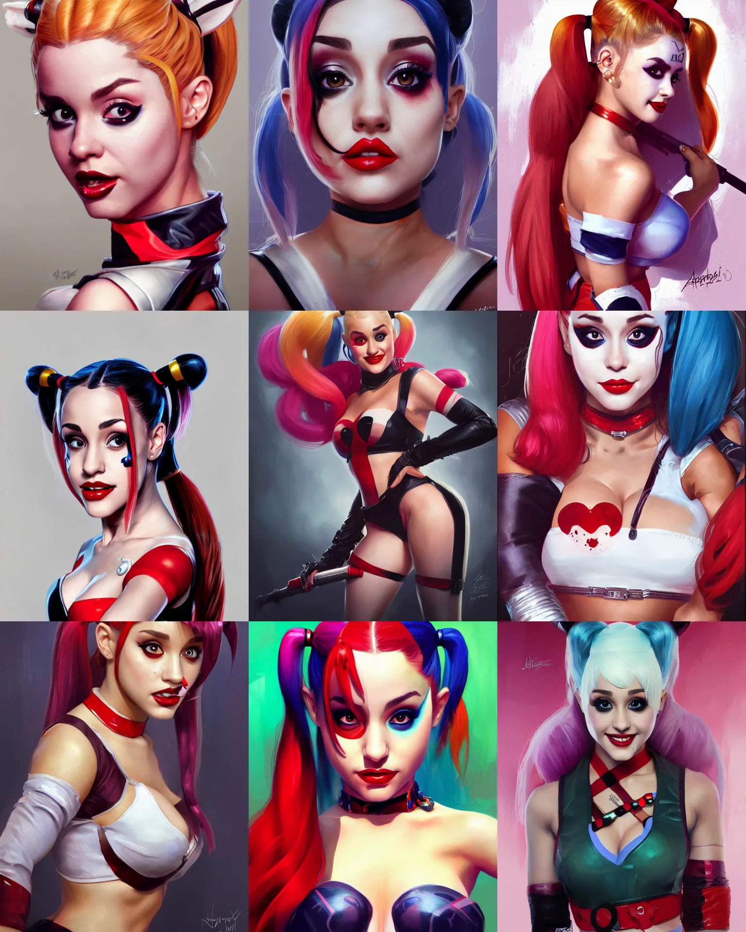 Prompt: portrait of ariana grande as harley quinn, highly detailed, digital painting, artstation, concept art, sharp focus, illustration, art by artgerm and greg rutkowski and alphonse mucha