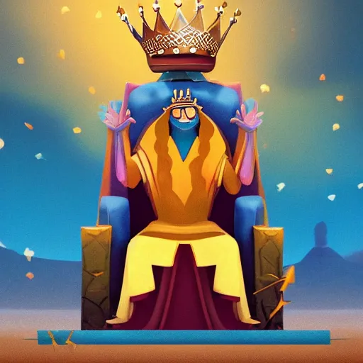 Prompt: a man with a crown on his head, dressed in a robe, sitting on a throne, in the desert, in the background a thunderstorm, pixar, artstation, high detailed,