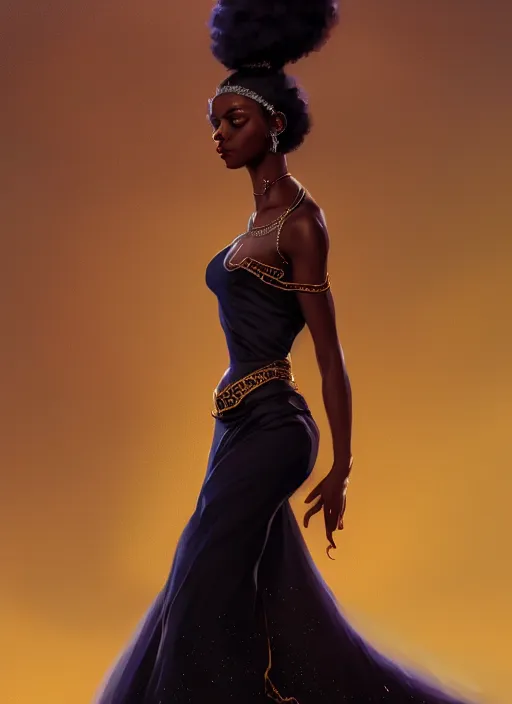 Image similar to full body portrait of young black woman as a princess, beautiful long flowing gown, intricate, beautiful gleaming jewels, highly detailed, digital painting, artstation, concept art, smooth, sharp focus, illustration, art by wlop, mars ravelo and greg rutkowski