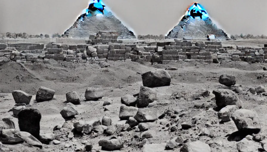 Prompt: aliens lift up big rocks in the foreground. the pyramids are halfway built in the background. archive photo