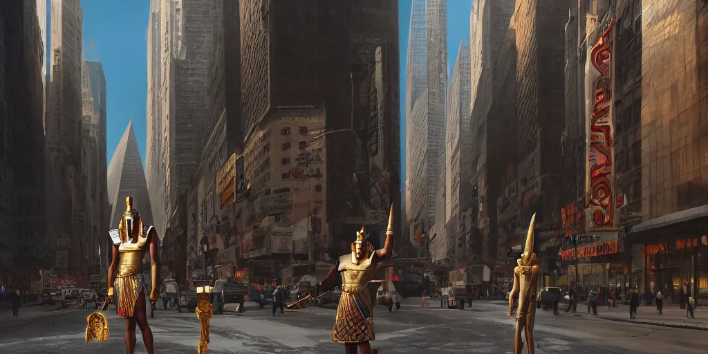 Prompt: an egyptian god walking the streets of new york, digital art, landscape, fantasy art, octane render, unreal engine, high detail, very realistic, by ross tran. by james gurney