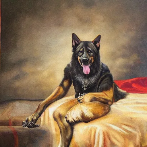 Image similar to a oil painting of a humanoid german shepherd beast - man, wearing military outfit, sitting on the carpeted floor beside a bed