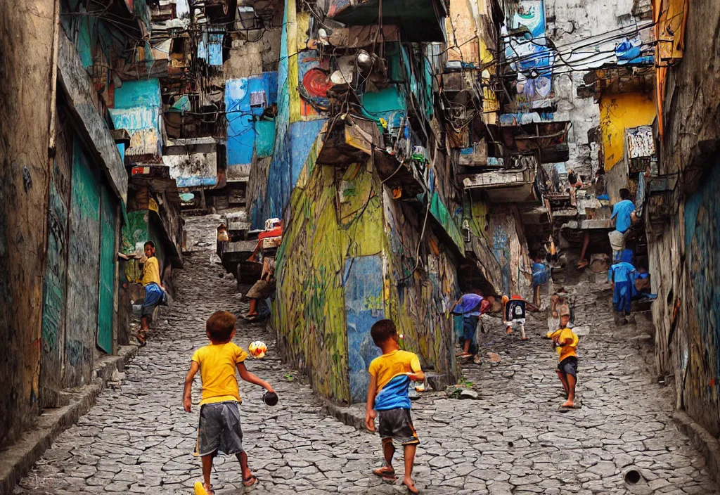 Image similar to photorealistic favela rocinha rio de janeiro with precise rendered alleys with intricate details of gun happy people in alley close view of kid playing with colorful ball and flying kit by Justin Gerard