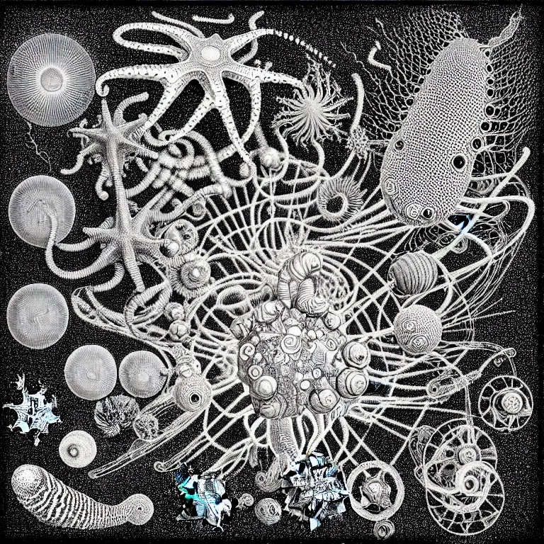 Image similar to a black and white drawing of a variety of sea life and filled with gundam mech equipment space station, a microscopic photo by ernst haeckel, zbrush central, kinetic pointillism, intricate patterns, photoillustration