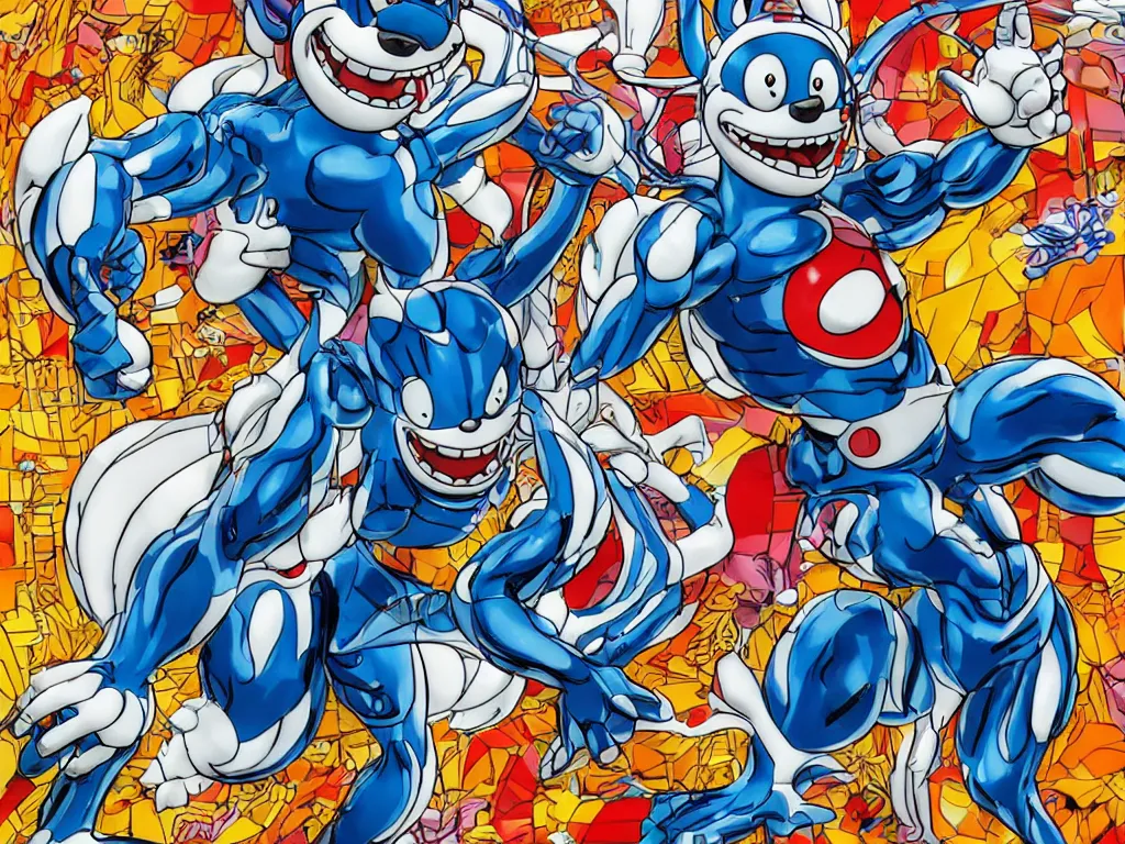 Image similar to Jeff Koons Doraemon Dorami Street Sharks Venom Galaxy Rangers Fractal Dragon statue, in the style of Hajime Sorayama, Max Fleischer