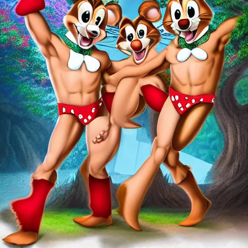 Image similar to Chip and Dale as Chippendales, ultra-detailed, 8k resolution, hyperreality