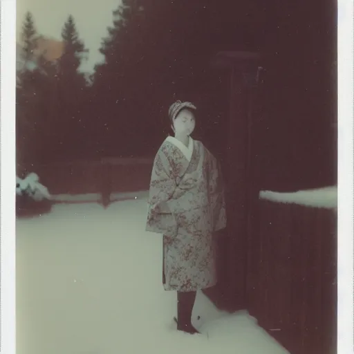 Image similar to polaroid of a young japanese woman on a snowy night