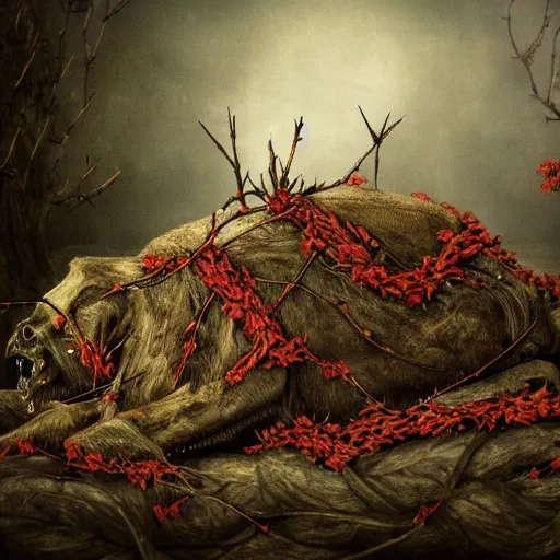 Prompt: a putrid rotting animal corpse resting on top of a throne made of thorns and vines, swedish dark ritual, flowers, uncanny, in an open field